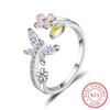 New Trendy 100 %925 Sterling Silver Love Of Butterfly Pink Flower Open Rings For Women Wedding Silver Fine Jewelry