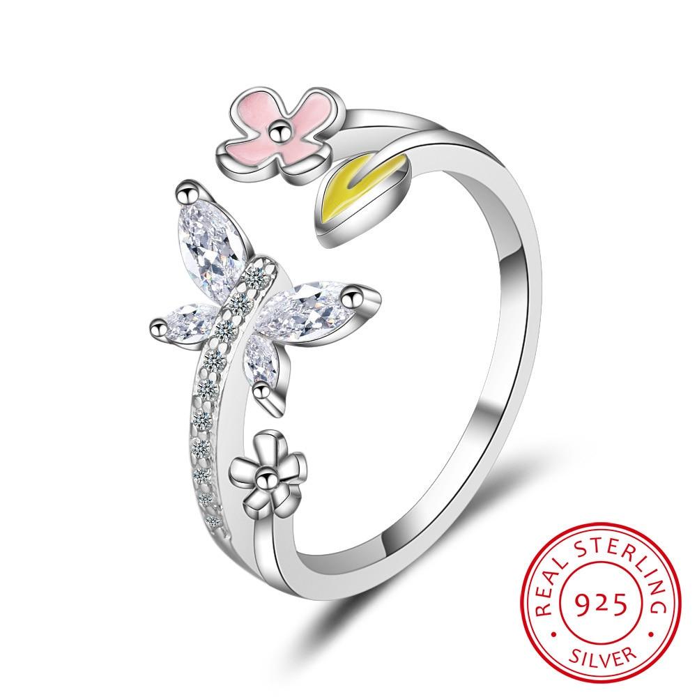 Новые модные 100% стерлингового серебра 925 пробы Love Of Butterfly розовые открытые кольца для женщин свадебные серебряные ювелирные изделия