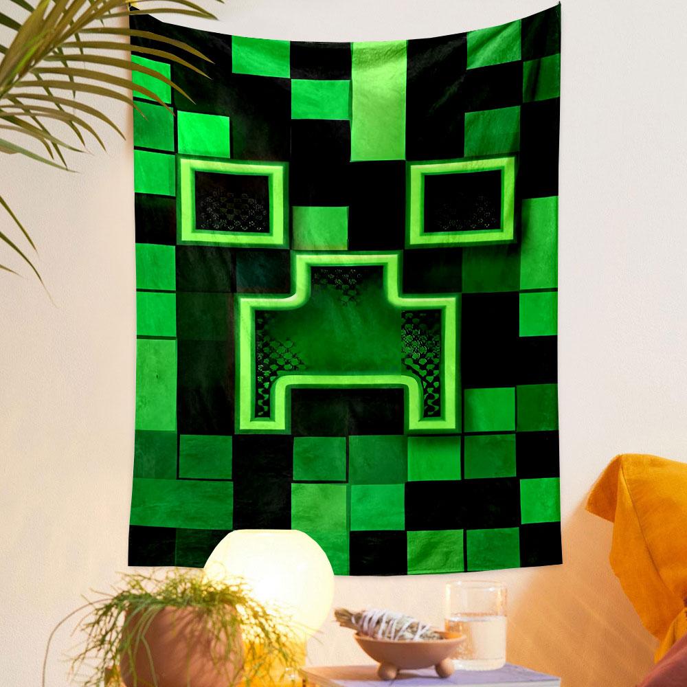 Pixelated Green Creeper Face Design Patterned Tapestry Decorative Wall Hanging, Home Bedroom Living Room Decor