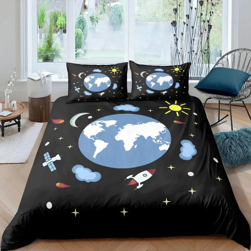 Комплект постельного белья «Ракета» King Size, комплект постельного белья «Космический корабль», микрофибра, космический корабль, звезды, планета, мультяшный стиль, пододеяльник