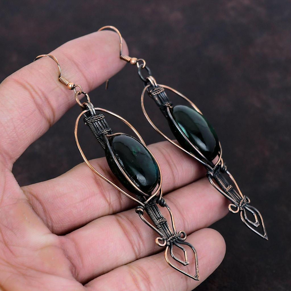Серьги из зеленого огненного лабрадорита, серьги из медной проволоки, ювелирные изделия из лабрадорита и меди, изящные серьги из драгоценных камней, ювелирные изделия ручной работы, подарок для мамы