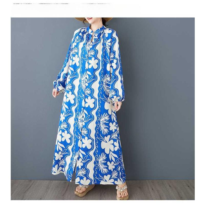 Женское ретро платье-рубашка свободного кроя с длинным рукавом и круглым вырезом