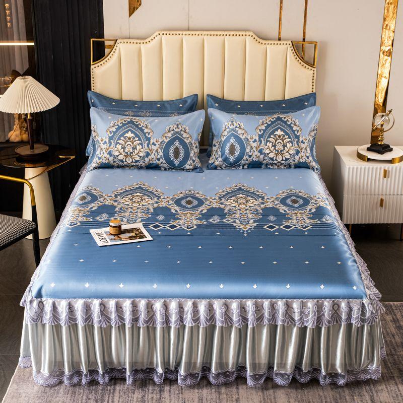 3 шт./лот, комплект двуспальных простыней, классическая кружевная королевская синяя простыня, юбка, можно стирать в машине, свадебное покрывало, наматрасник