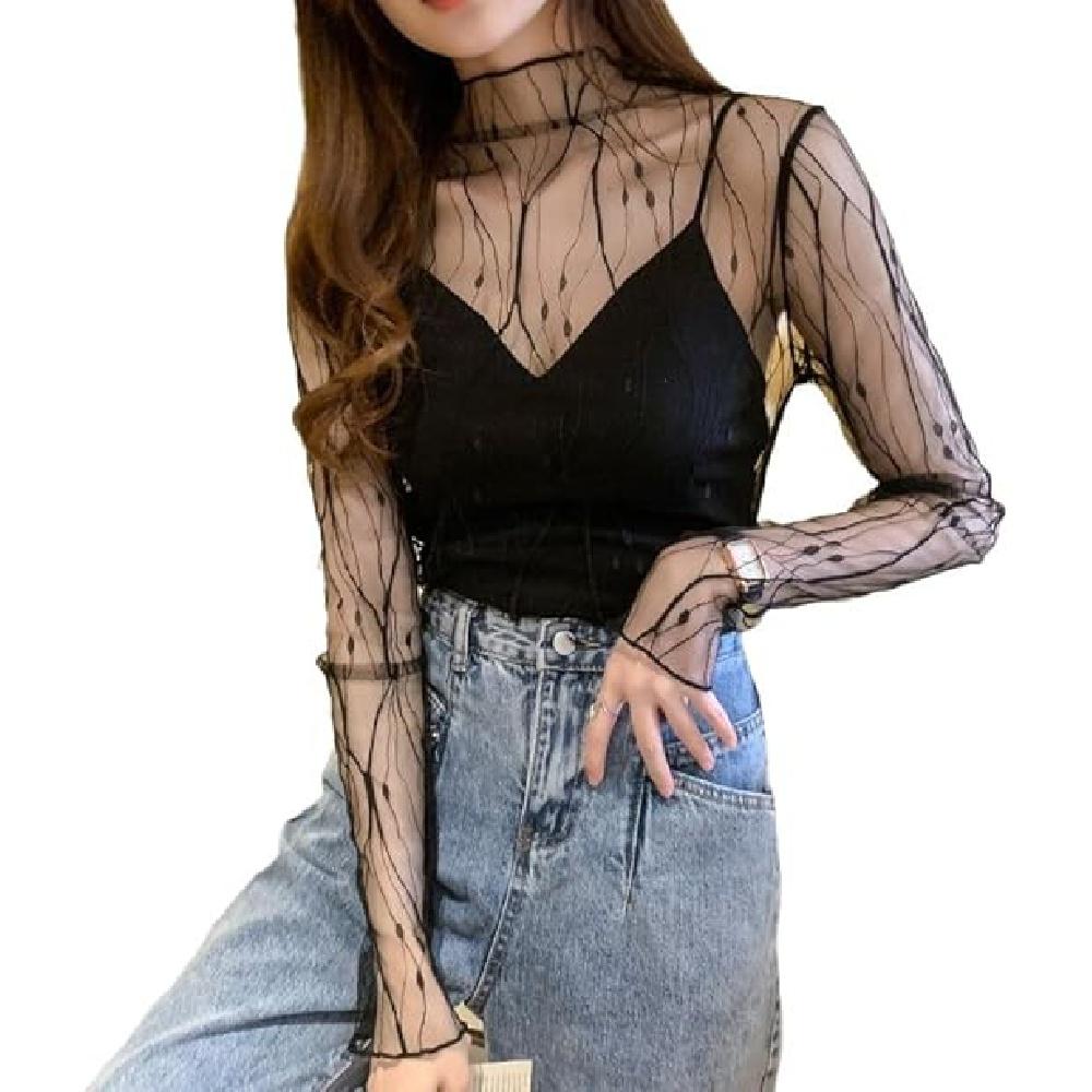 Сетчатый топ с длинными рукавами для женщин, кружевные прозрачные топы с прозрачным вырезом и цветочной вышивкой, прозрачное боди, рубашка в сетку