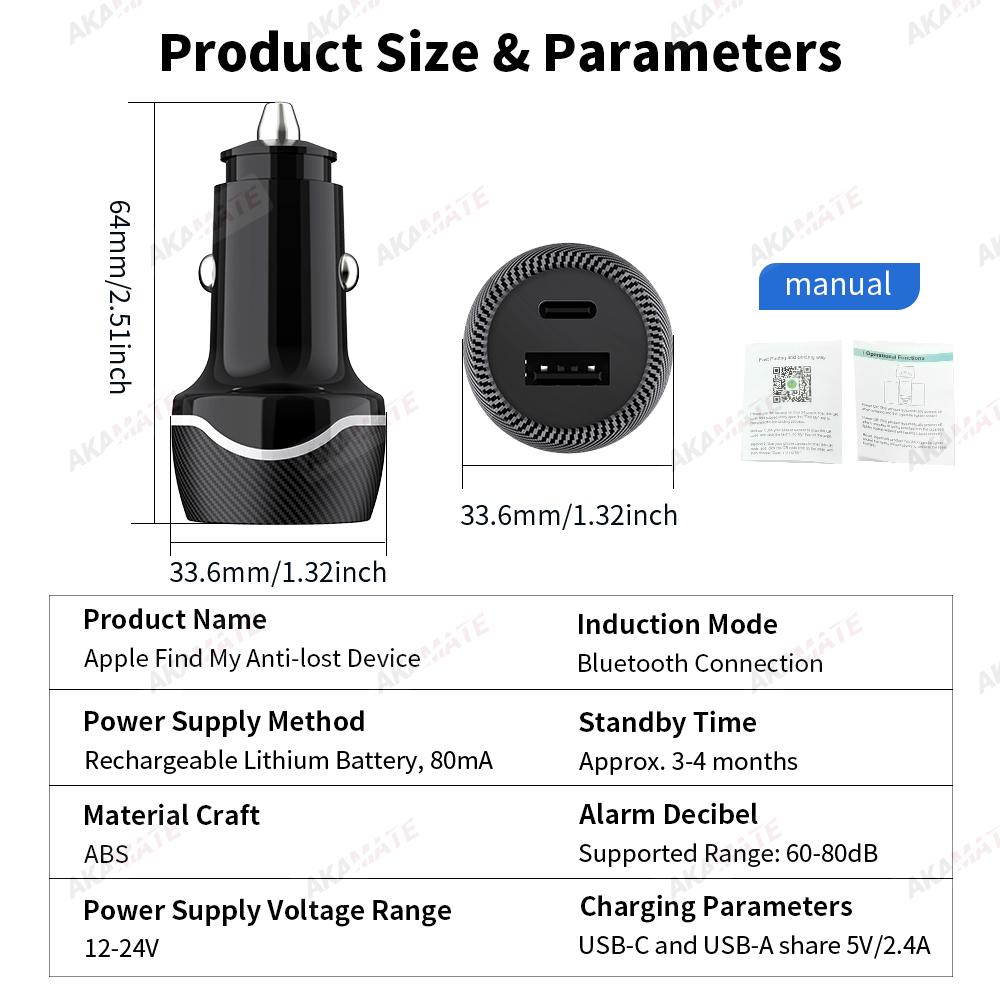 Car Charger USB Type C With iPhone GPS Locator Tracker for Apple Find My App Anti-loss Long Standby Time Universal Locator