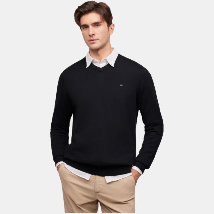 Tommy Hilfiger Однотонный свитер с круглым вырезом Мужской свитер Черный 78B9263-012