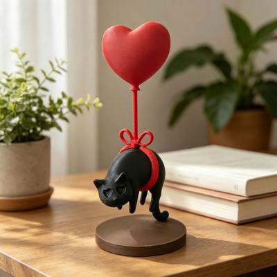Милая кошка с красным шариком-сердцем Статуэтка 3D-печать Романтическое сердце любви Котёнок Статуя для Декора Настольной Полки Подарки для Любителей Кошек