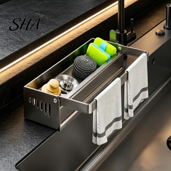 Drainage Storage Rack Sink with Foldable Towel Rack, Durable Carbon Steel Tray, Suction Space Saving Countertop Organizer Cup Fixation Sloped