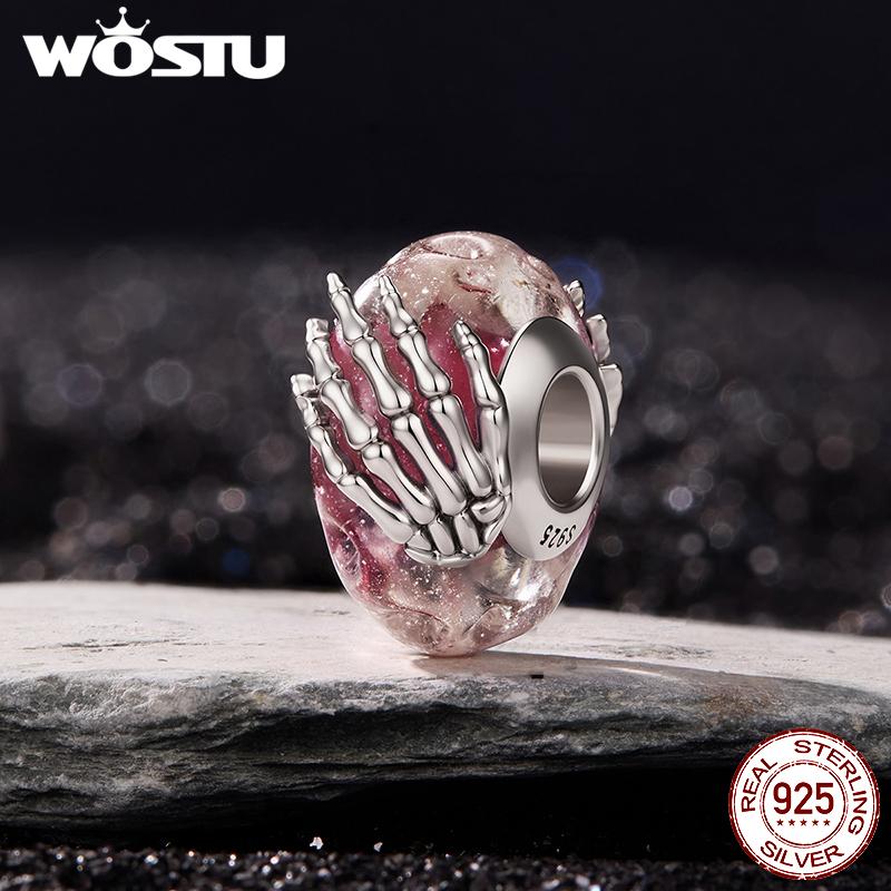 WOSTU Серебро 925 Пробы Готические Шармы Паук Скелет Ворон Церковные Бусины Для Браслета Хэллоуин DIY Украшения Черный Панк Подарок