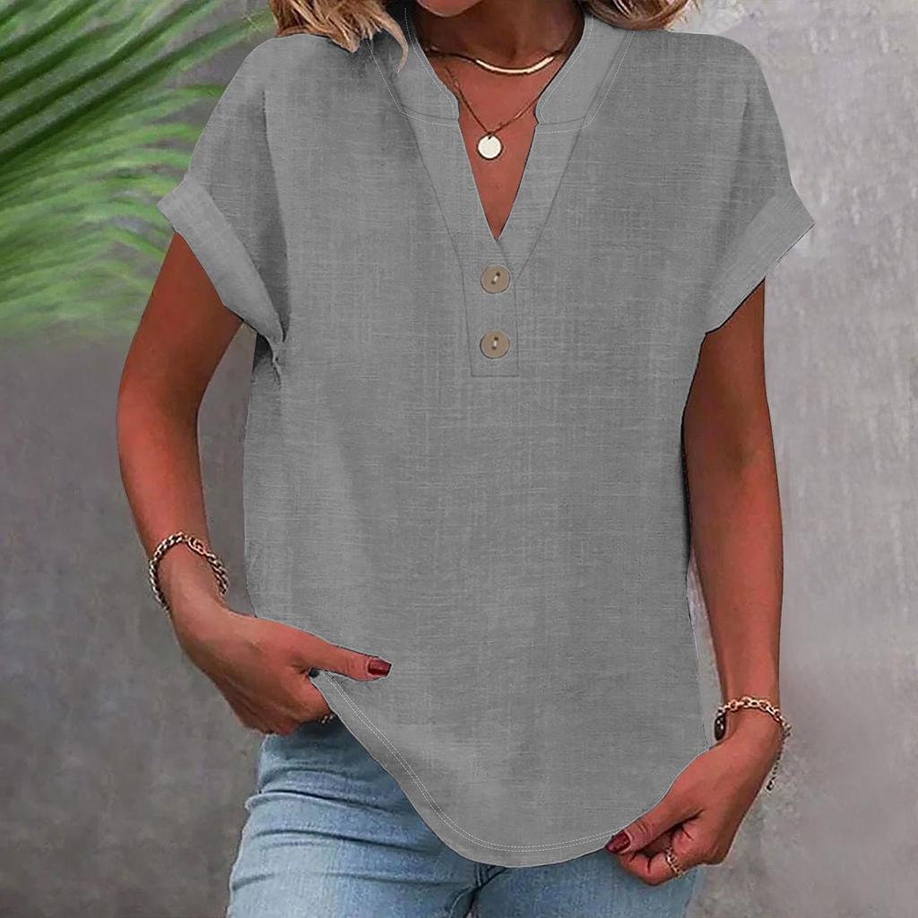 Women's Fashion Casual Solid Colour V-Neck Short Sleeve Button Down Shirt T-Shirt Top