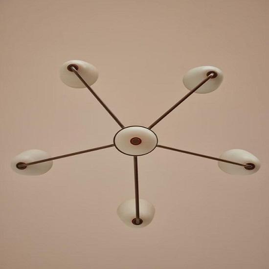 1950s Mid-Century Modern Brass Chandelier | Handmade Wooden Ball 5 Arms Italian Modern Ceiling Pendant | Stilnovo Brass Ceiling Fixture