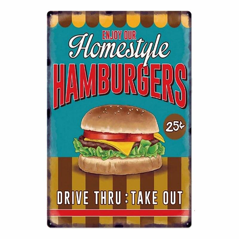 Hamburger Metal Tin Sign Plaque Vintage Burgers and Fries Metal Plate Poster Kitchen Restaurant Shop Wall Decor