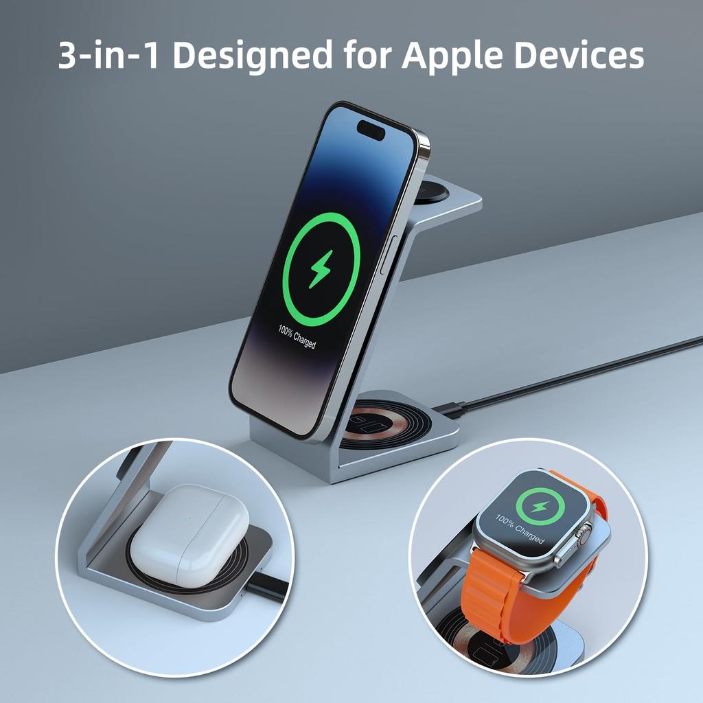 Magnetic Wireless Charging Stand, 3 in 1 Wireless Charging Station 15W Wireless Charger Compatible with iPhone 15/14/13/12 Series, Apple Watch,