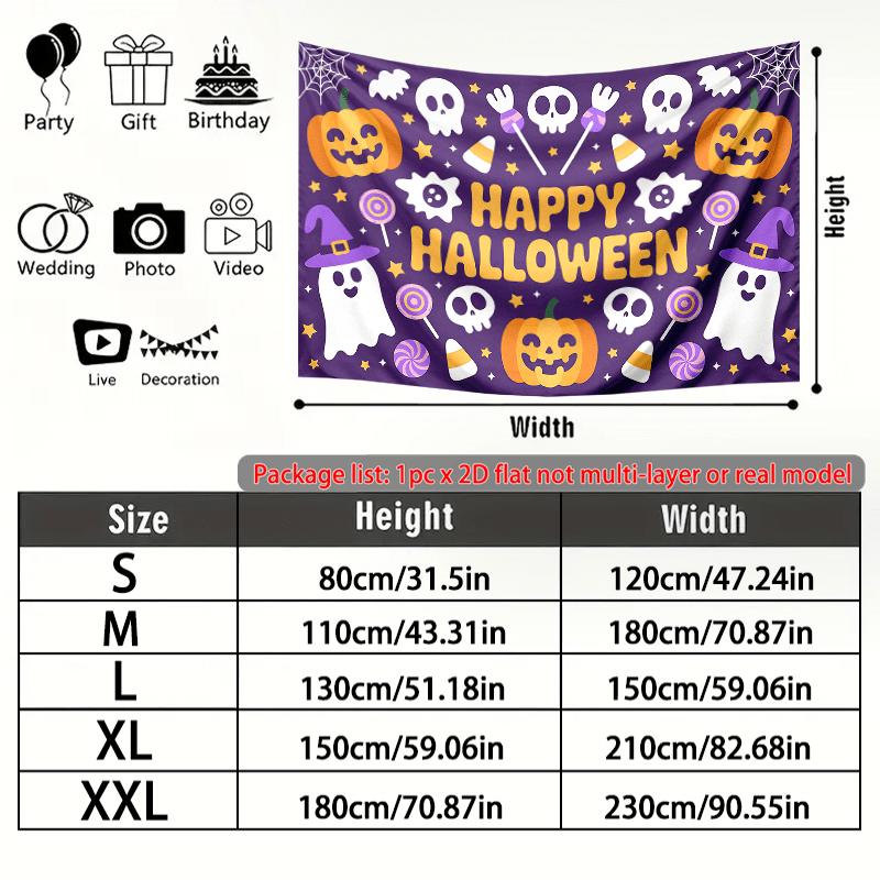 Pumpkins Ghosts Skulls Halloween Celebration Banner, Multicolor Polyester Backdrop for Party Decorations