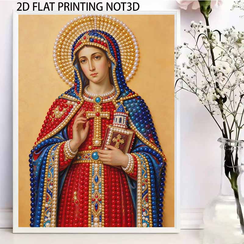 5D Framed Pearl Painting Kit Virgin Mary Religious Icon Pattern Sparkling Bead Art Canvas Ready to Display Romantic Home Decor Gift
