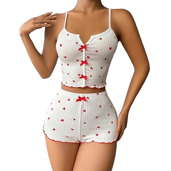 2 Pcs/Set Women Vest Shorts Suit Bow Heart Print Sleeveless Shirring Top High Waist Short Trousers Homewear Loungewear Outfit Summer Sleepwear