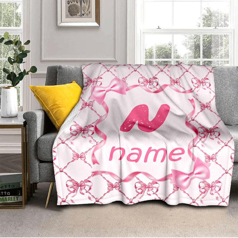 1PC Custom Name Pink Bow Alphabet Frame Flannel blankets Patterns Throw Blanket All-Season Soft Gift for Couch, Bed, Camping gifts