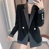 Women's Patchwork Blazer Striped Suit Jacket Office Women Korean Fashion Slim Fit Double-breasted Buttons Plus Size