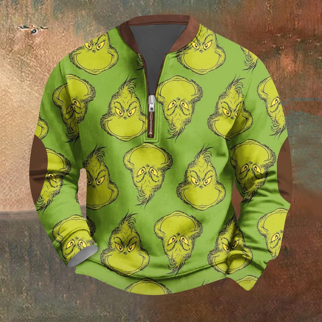 Мужская винтажная зеленая рождественская повседневная толстовка на молнии с трехмерным принтом, пуловер