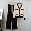 Autumn Knitted Suit For Women V Neck Slim Fit Cardigan Wide Leg Pants Sweater Two Piece Set