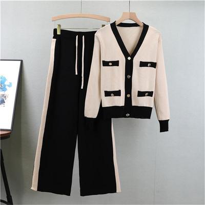Осенний вязаный костюм для женщин, кардиган с V-образным вырезом, облегающего кроя, брюки широкого кроя, свитер, комплект из двух предметов