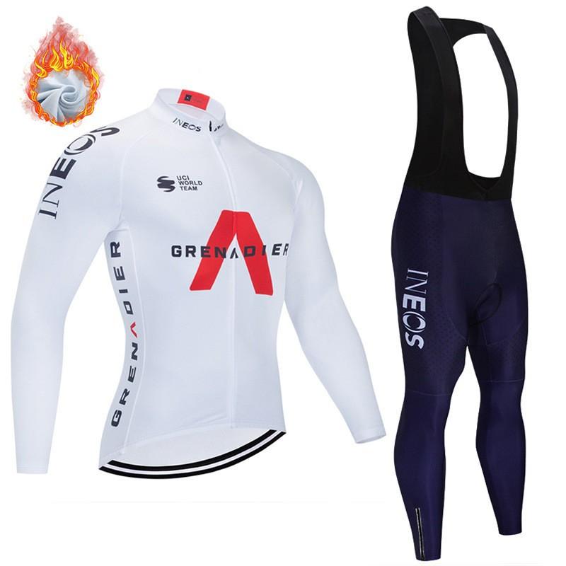Mens Fleece Cycling Jersey Bib Tights Set Winter Thermal Long Sleeve Road Bike Riding