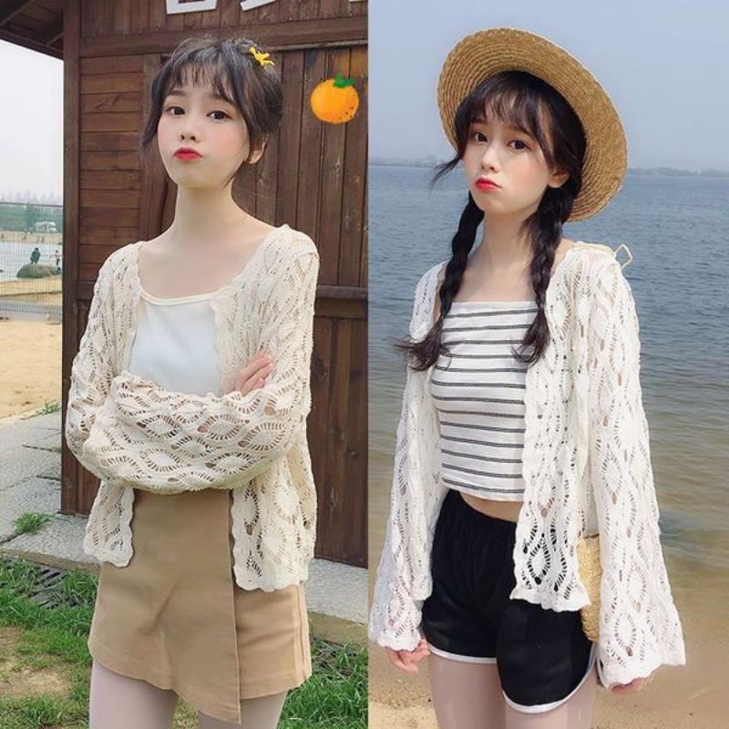 Вязаный кардиган с кондиционером, женская летняя одежда с рукавами, новая свободная шаль с полым верхом из сетчатого отверстия, солнцезащитная куртка