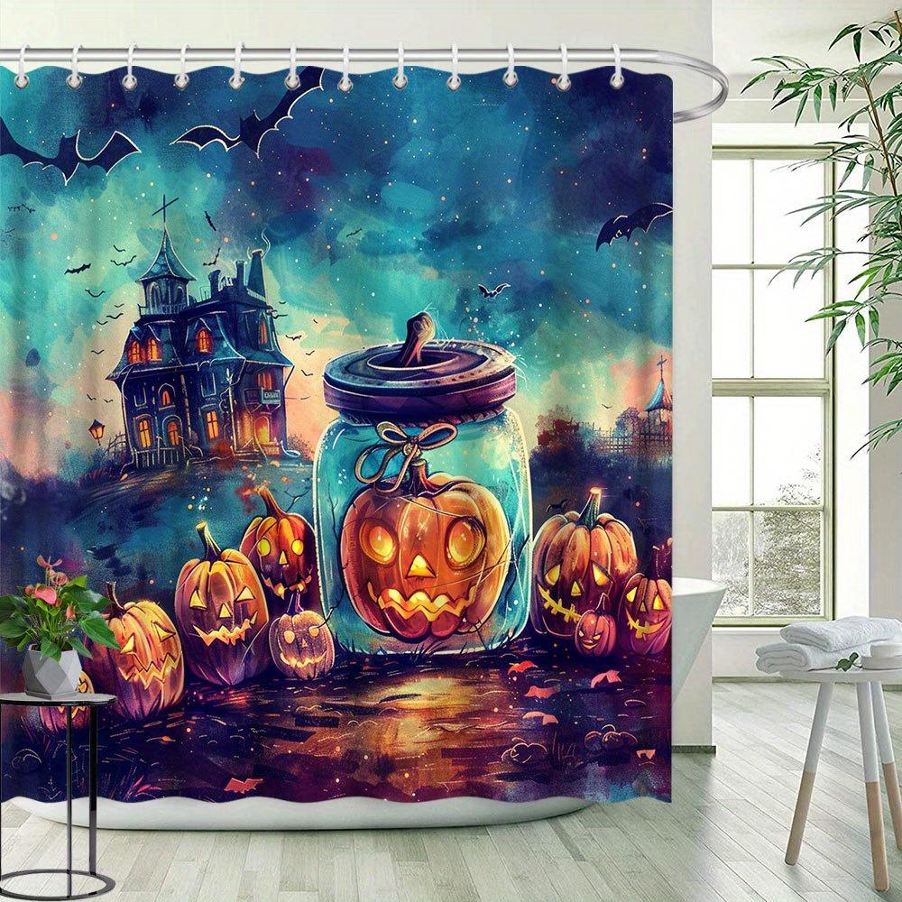 Halloween Shower Curtain, Pumpkin Lantern & Ghost House, Night Scene, Fantasy Theme, Polyester, 12 Hooks