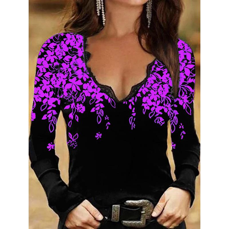 Женская футболка с V-образным вырезом, цветочным принтом и длинными рукавами, осень/зима 2023