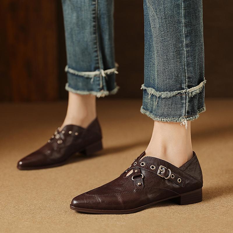 Мода 2025 Новые женские туфли-лодочки Толстый каблук Модные Острый носок Зрелая Натуральная кожа Весна Лето Базовые Офисные Женские Туфли на каблуке