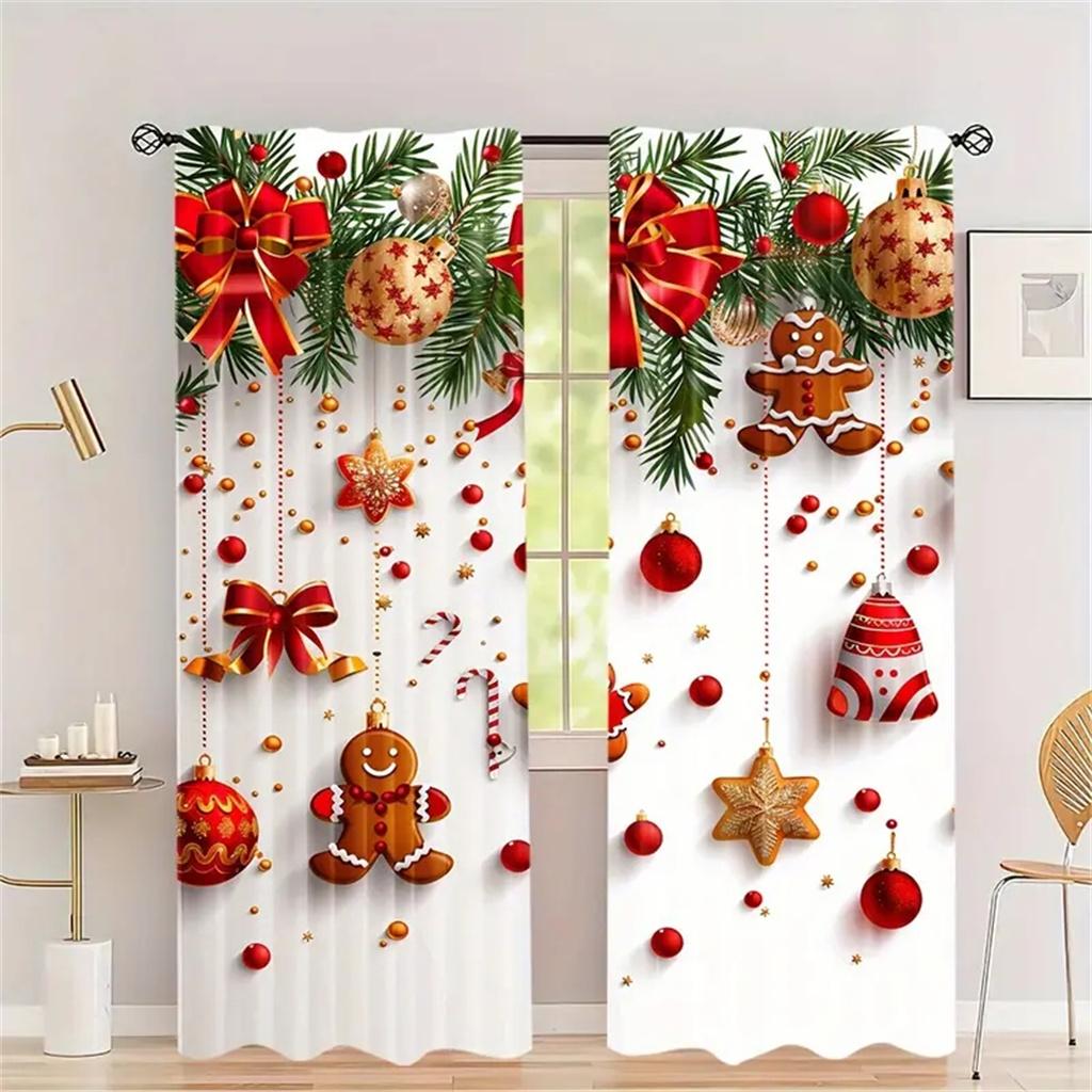 Комплект из 2 шт. Рождественские шторы с золотым колокольчиком - цифровая печать, дизайн с карманами на штанге, полиэстер - идеально подходит для гостиной, кухни, спальни