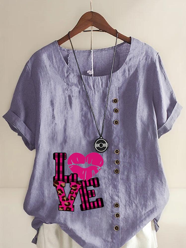 Women's Fashion Love Letters Print Shot Sleeve T-shirt Loose Cotton Shirt Casual Loose Summer Blouse Tops Plus Size