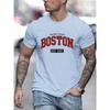 Stylish Boston Letter Print Crew Neck T-Shirt - Soft Slight Stretch Polyester All-Season Wear for Outdoor and Street Style Enthusiasts