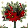 Christmas Decorations,2PCS Artificial Pine Poinsettia Flowers with Pine Cone Red Berry Fake Plant for DIY Xmas Party Table Decor