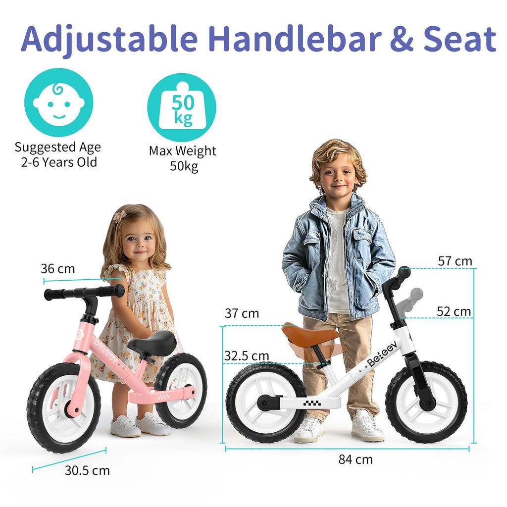 BELEEV Kick Bike, 12-inch, No-Pedal Bike for Ages 2-6, Lightweight & Adjustable Seat & Handlebars, Illuminated Wheels & Carry Strap (Pink)