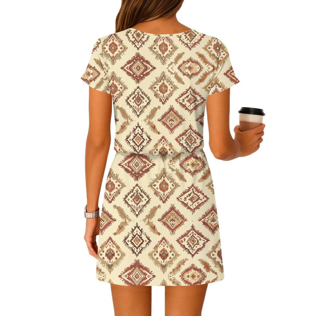 Women's Summer V-Neck Casual Short Sleeve Drawstring With Pocket Vintage Floral Dresses