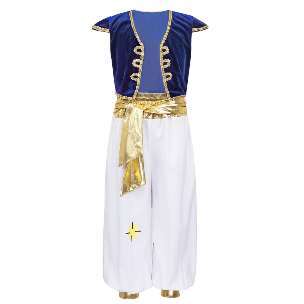 Kids Boys Arabian Prince Costumes Cap Sleeves Vest Waistcoat with Pants Set for Halloween Carnival Cosplay Theme Party