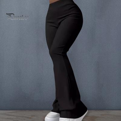 Женские брюки-клеш с широкими штанинами, эластичные брюки с высокой талией, однотонные ребристые брюки, расклешенные брюки однотонного цвета