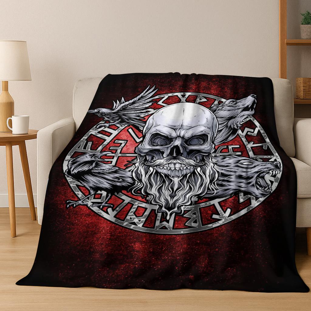 Viking Fenrir Raven Norse Mythology Skull Rune Flannel Blanket Soft Warm Blanket for Bedroom Room Office Travel Camping Picnic