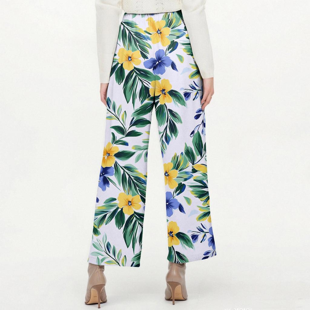Women's Fashionable Floral Print Straight Leg Pocket Elastic Waist Casual Pants Pants