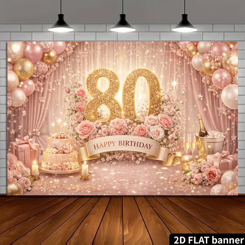 2D Pink Gold Floral 80th Birthday Wall Tapestry Background Cloth