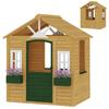 Kids Playhouse Wood Outdoor Playhouse with Door, 3 Windows, 2 Flower Boxes for Children 3-8 Years, 134.5 x 97 x 150 cm, Brown
