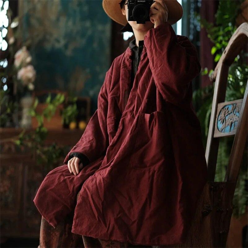 Johnature Women Chinese Style Stand Winter Parkas Solid Color Patchwork Pockets Coats Long Sleeve Button Vintage Parkas