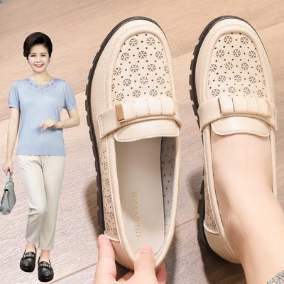 Летние кожаные туфли на мягкой подошве для женщин среднего и пожилого возраста, удобные и дышащие, одинарные туфли, нескользящие туфли для мам на плоской подошве