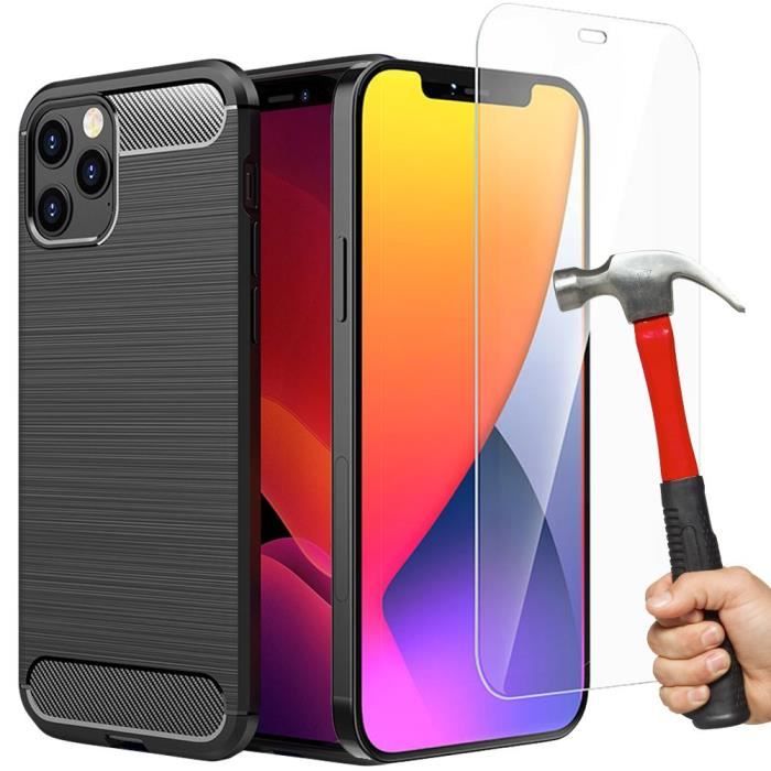 Coque Silicone + Verre Trempé pour iPhone 12 Pro, Motif Fibre de Carbone Souple Antichoc - Noir