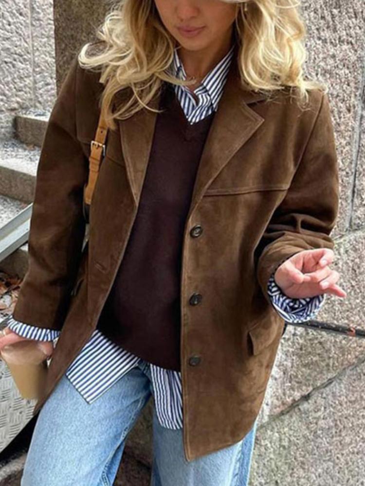 Loose Vintage Suede Jackets Women Lapel Single Breasted Long Sleeves Pockets Blazer Jacket Autumn Maillard Outerwears
