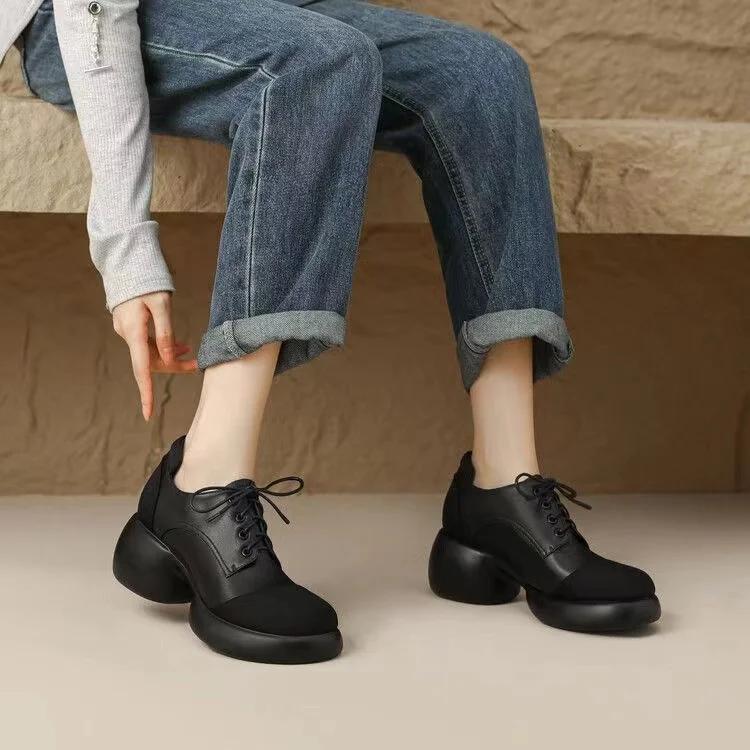 Модная женская обувь Лолита 2025 Осень Британский стиль Панк Платформа Оксфорды Слипоны Лоферы Каблуки Женские Черные Маленькие Кожаные Туфли