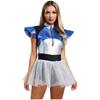 Womens Space Cadet Jumpsuit Flared Sleeve Front Zip Closure Sequined Tulle Skirt Attached Boyshorts Astronaut Cosplay Bodysuit