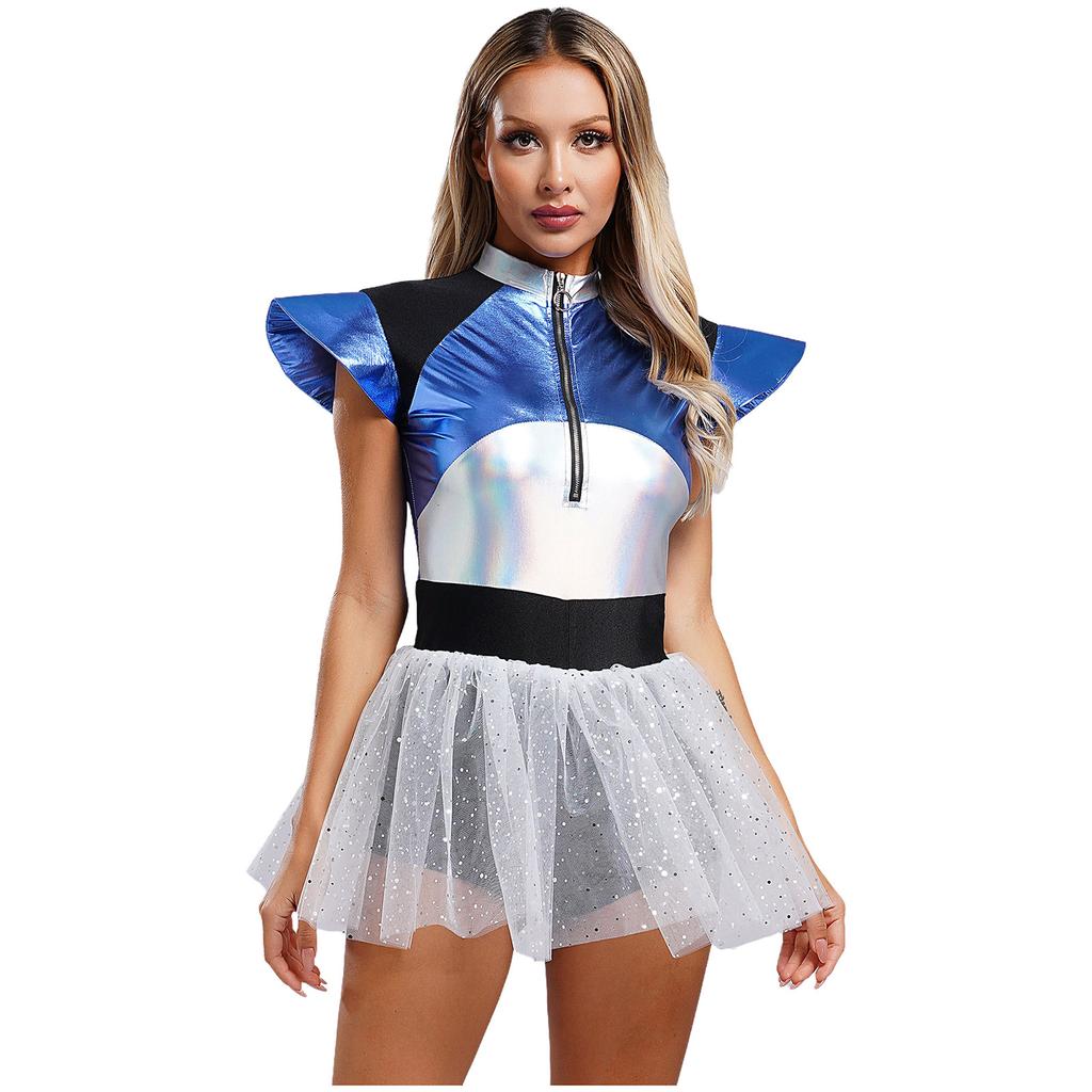Womens Space Cadet Jumpsuit Flared Sleeve Front Zip Closure Sequined Tulle Skirt Attached Boyshorts Astronaut Cosplay Bodysuit