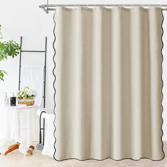 Фестончатая шторка для душа Сверхпрочная водонепроницаемая шторка с 12 крючками Стираемая толстая тканевая шторка для душа с черной каймой для ванной комнаты, отеля, ванны